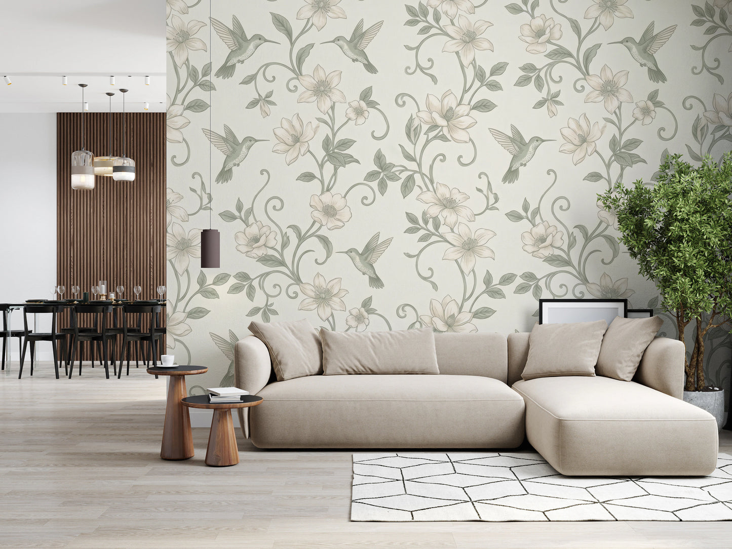 Elegant Hummingbird and Floral Botanical Garden Wallpaper Wall Mural