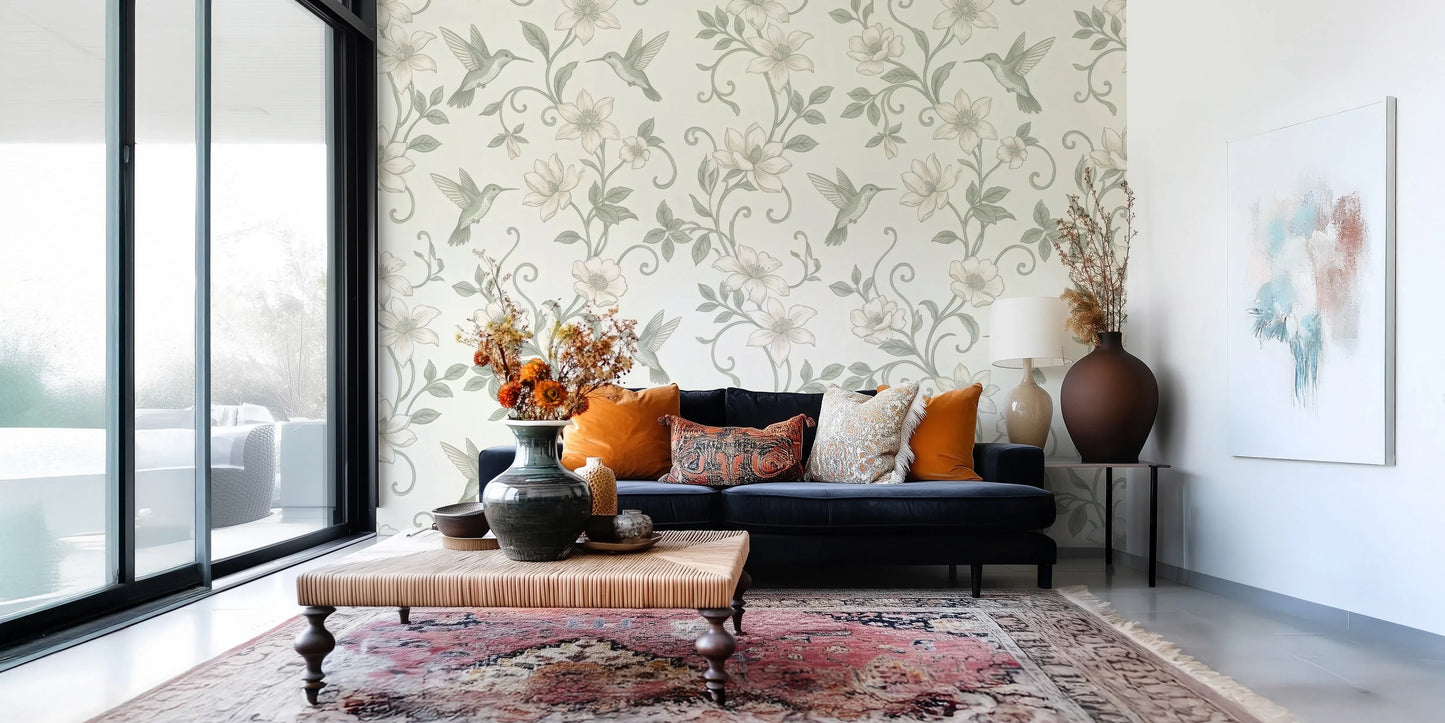 Elegant Hummingbird and Floral Botanical Garden Wallpaper Wall Mural