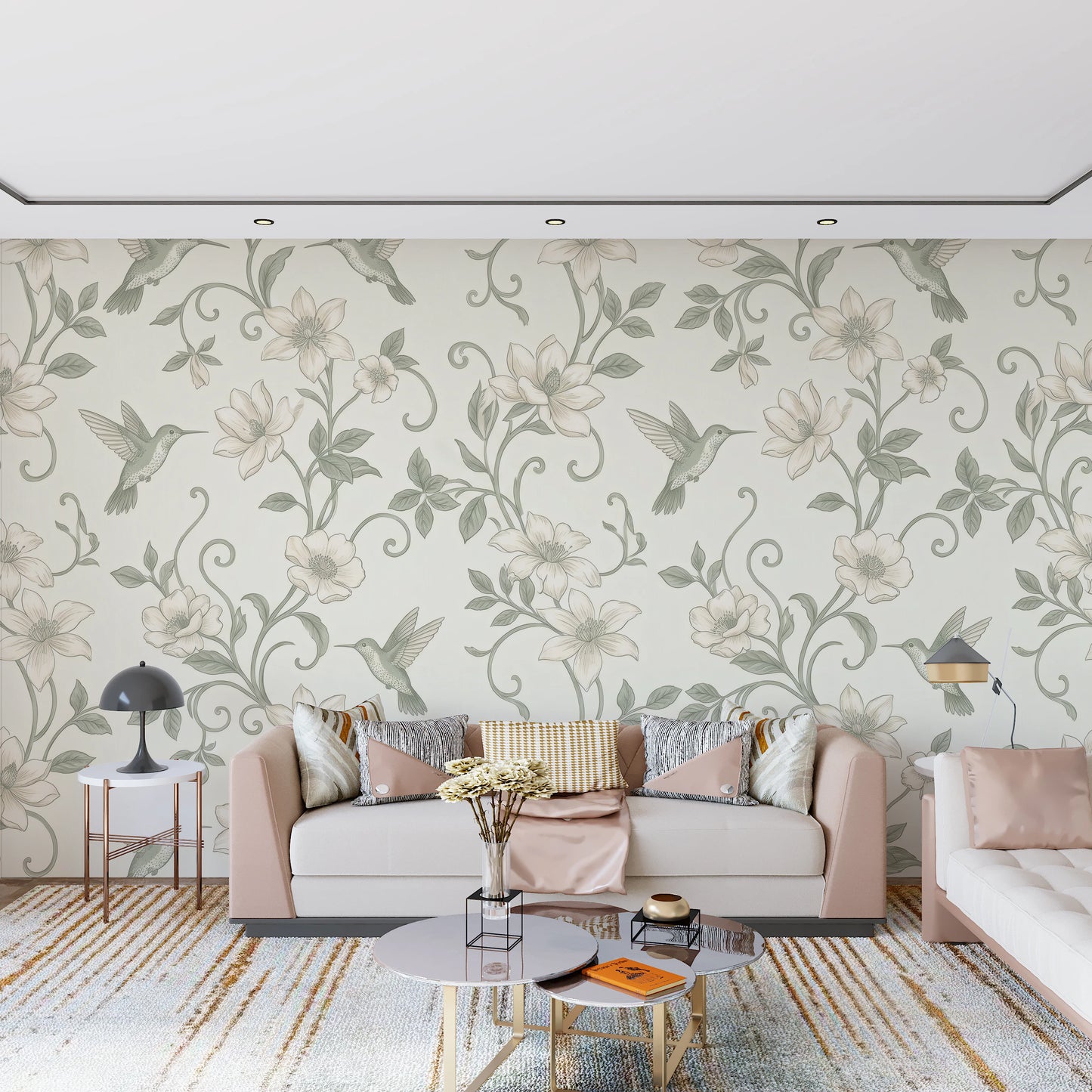 Elegant Hummingbird and Floral Botanical Garden Wallpaper Wall Mural