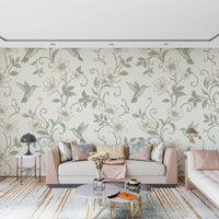 Elegant Hummingbird and Floral Botanical Garden Wallpaper Wall Mural