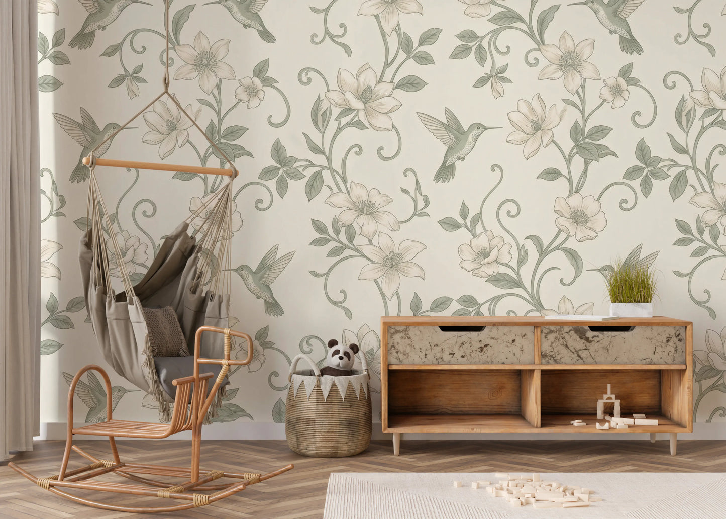 Elegant Hummingbird and Floral Botanical Garden Wallpaper Wall Mural
