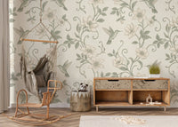 Elegant Hummingbird and Floral Botanical Garden Wallpaper Wall Mural