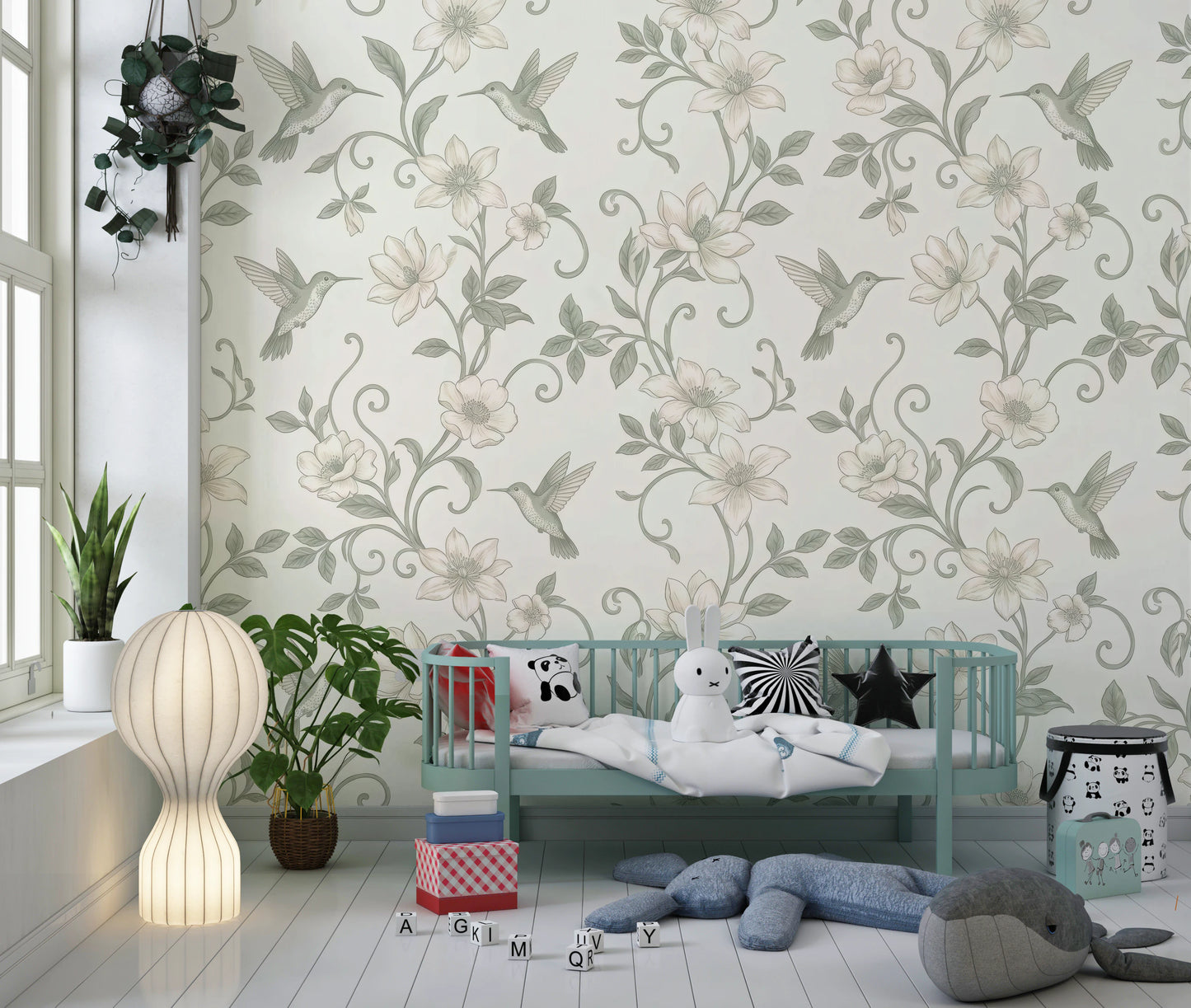 Elegant Hummingbird and Floral Botanical Garden Wallpaper Wall Mural