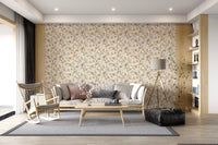 Mustard berry clusters and fine branches on cream botanical wallpaper