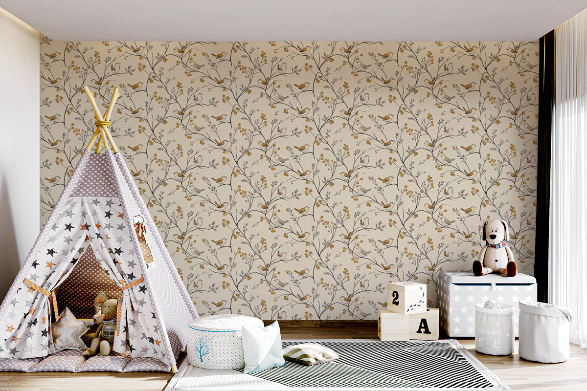 Woodland birds and berries wallpaper on a cozy kids room wall