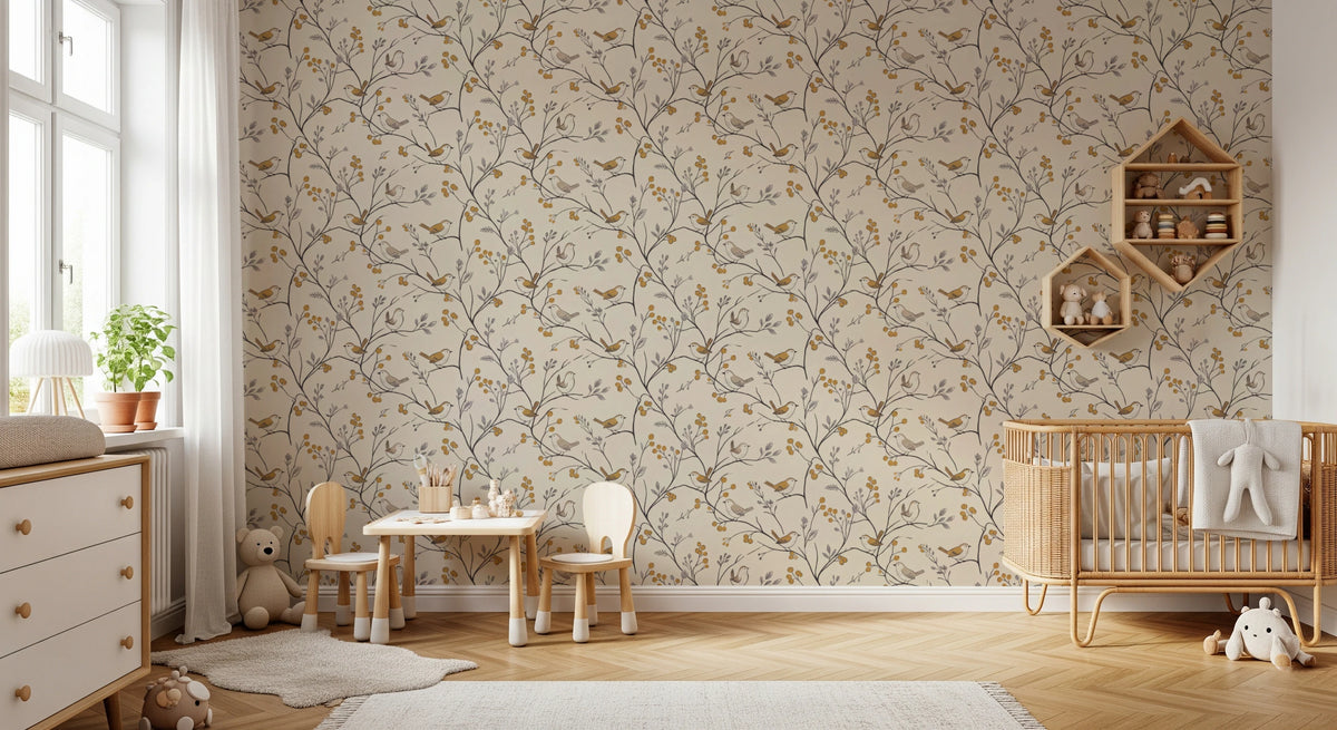 birds, berries, and branches on cream wallpaper in kids room
