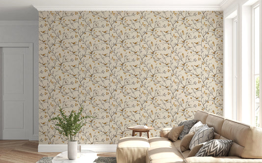 Charming Woodland Birds and Berries Pattern Wallpaper⁠