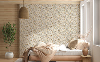 Perched woodland birds and gray foliage on a soft cream wallpaper in bedroom