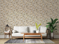 Gold and brown wrens among berry clusters on a neutral bird wallpaper