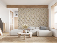 Taupe and gold wrens on slender branches on neutral wallpaper