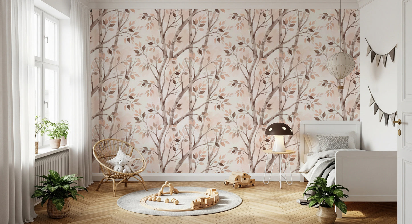 Soft Watercolor Birch Forest Botanical Mural Wallpaper⁠