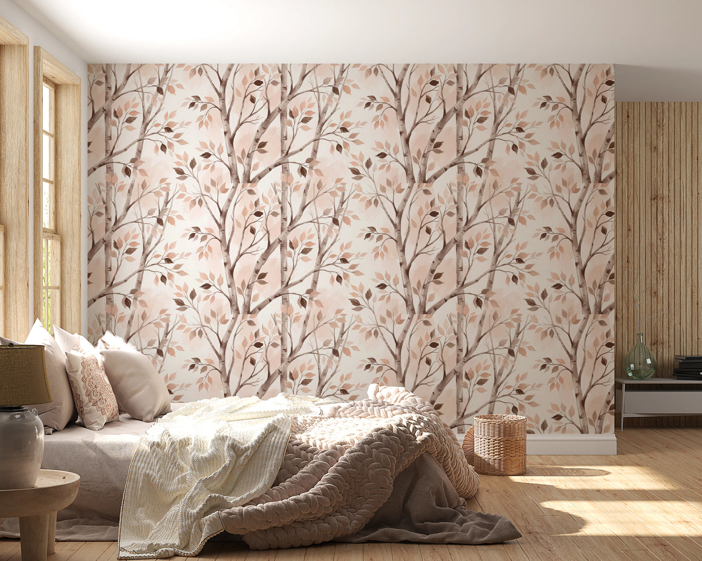 Soft Watercolor Birch Forest Botanical Mural Wallpaper⁠