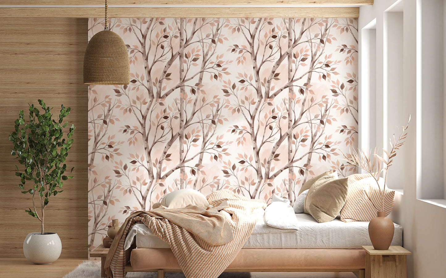 Soft Watercolor Birch Forest Botanical Mural Wallpaper⁠