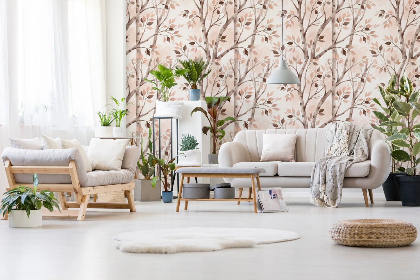 Soft Watercolor Birch Forest Botanical Mural Wallpaper⁠