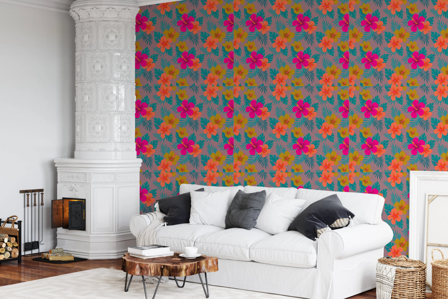 Vibrant Tropical Hibiscus Floral Pattern Wallpaper⁠