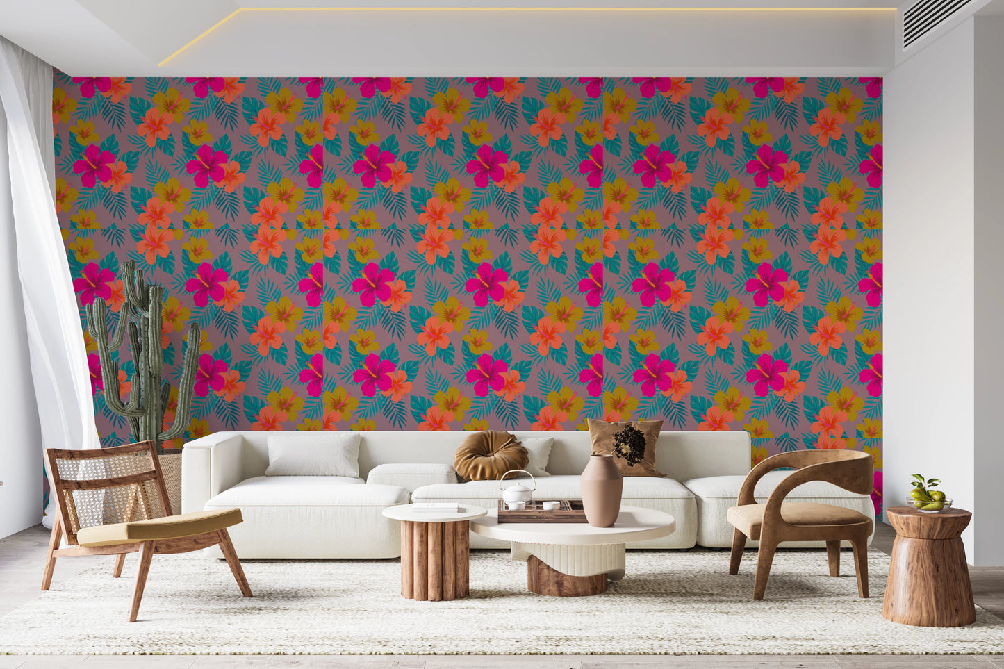 Vibrant Tropical Hibiscus Floral Pattern Wallpaper⁠
