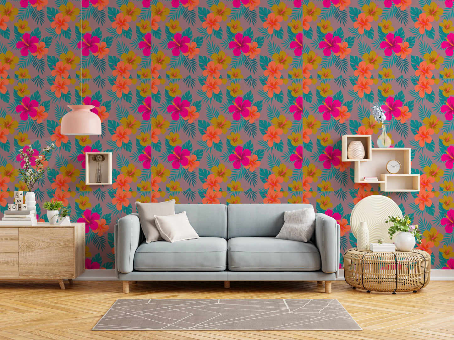 Vibrant Tropical Hibiscus Floral Pattern Wallpaper⁠