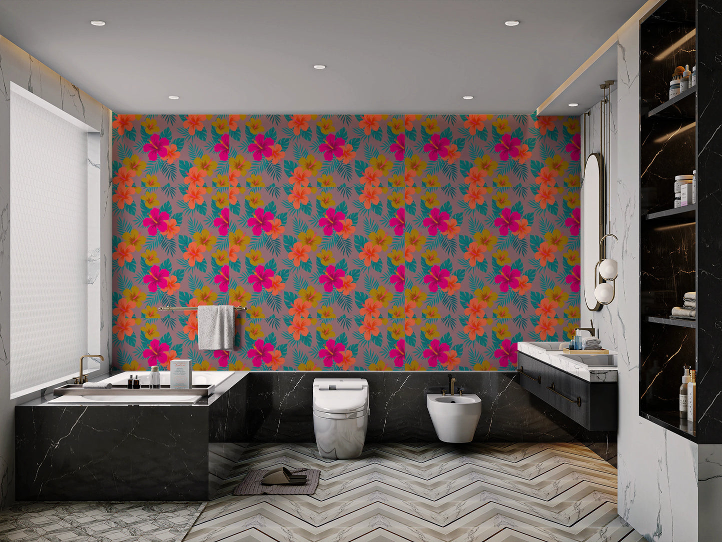 Vibrant Tropical Hibiscus Floral Pattern Wallpaper⁠