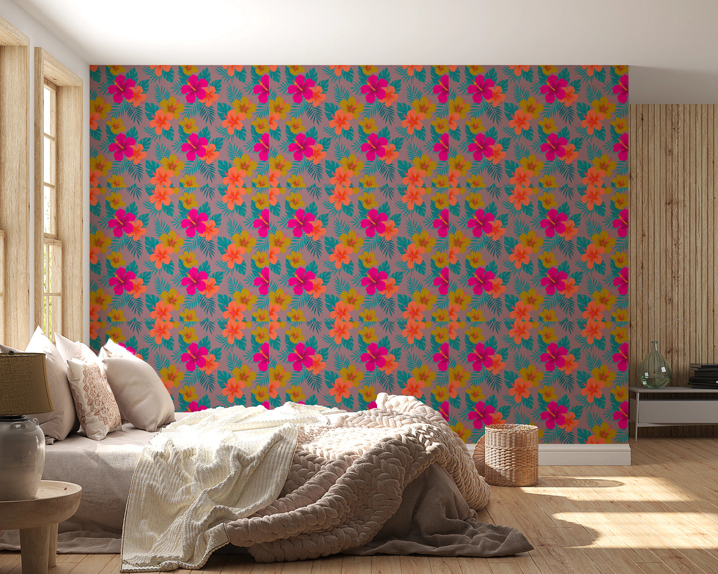 Vibrant Tropical Hibiscus Floral Pattern Wallpaper⁠