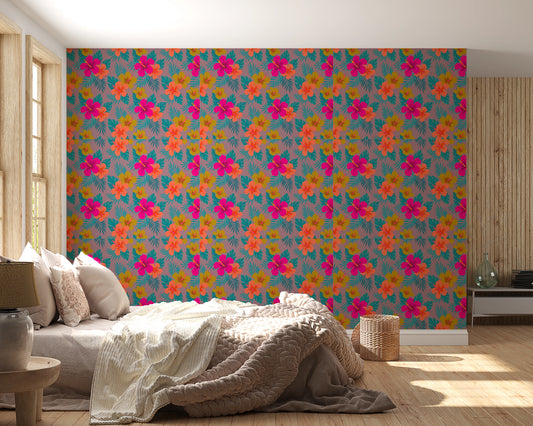 Vibrant Tropical Hibiscus Floral Pattern Wallpaper⁠