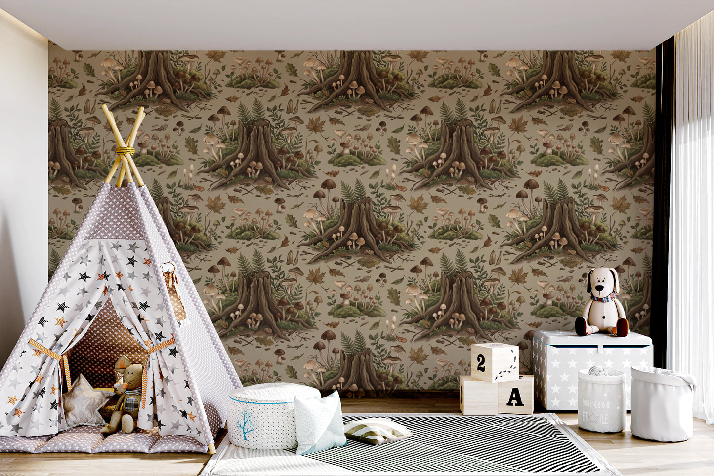 Enchanted Forest Floor Mushroom Nature Pattern Wallpaper⁠