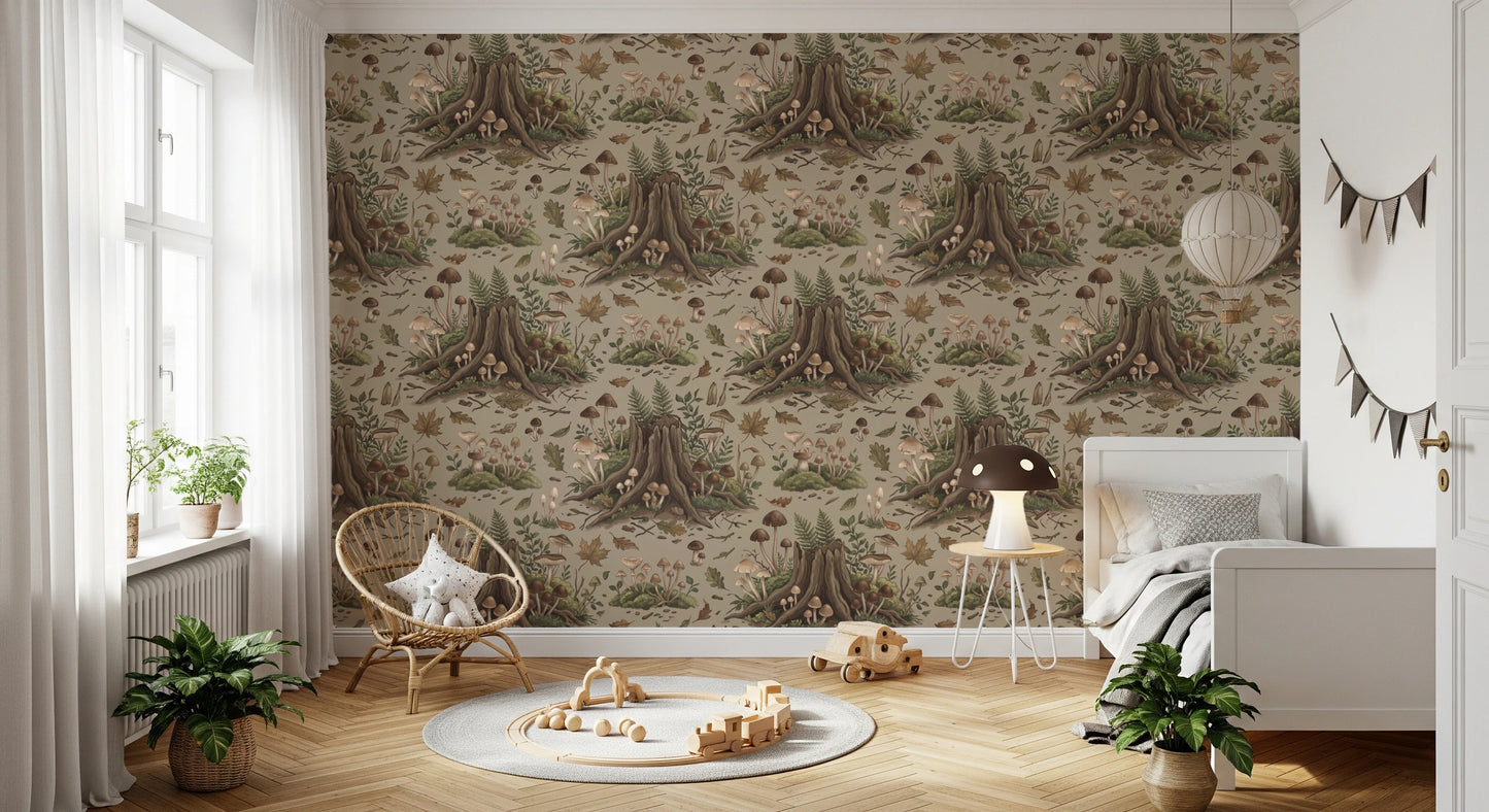Enchanted Forest Floor Mushroom Nature Pattern Wallpaper⁠