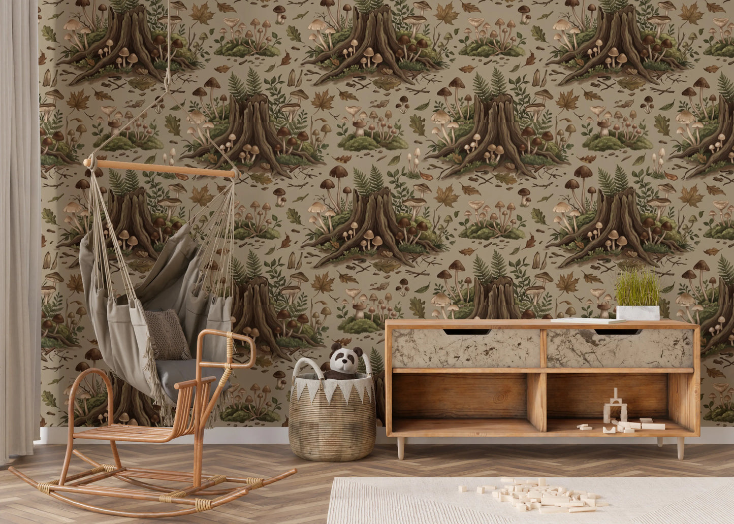 Enchanted Forest Floor Mushroom Nature Pattern Wallpaper⁠