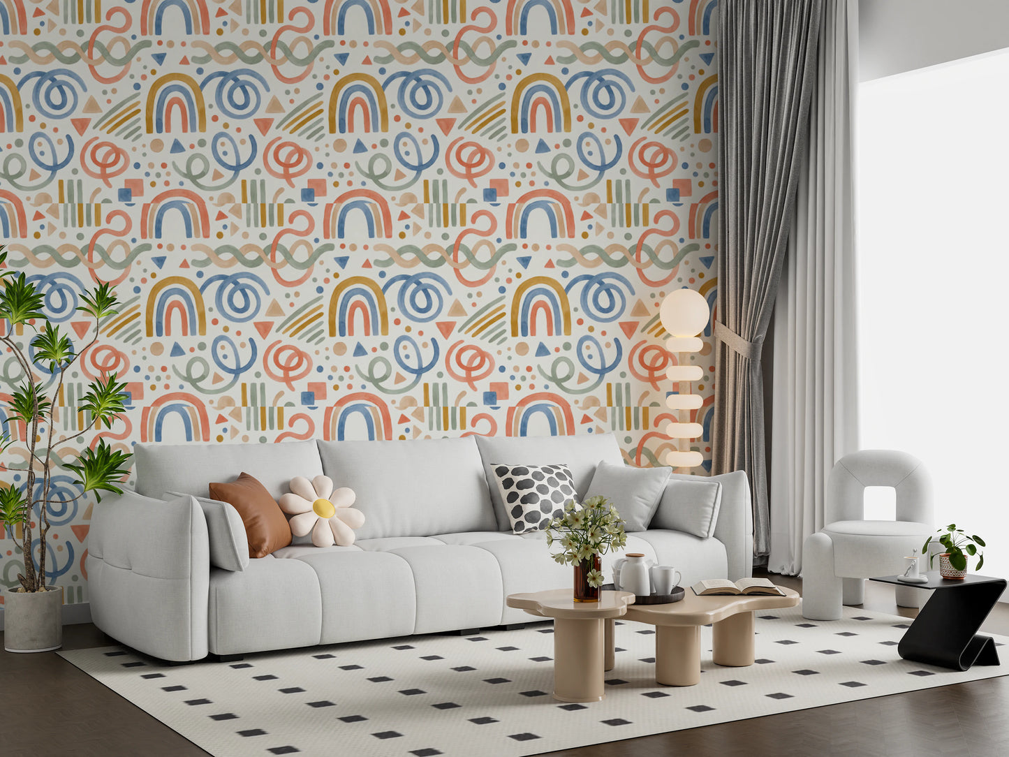 Playful Watercolor Rainbow Abstract Kids Pattern Wallpaper⁠