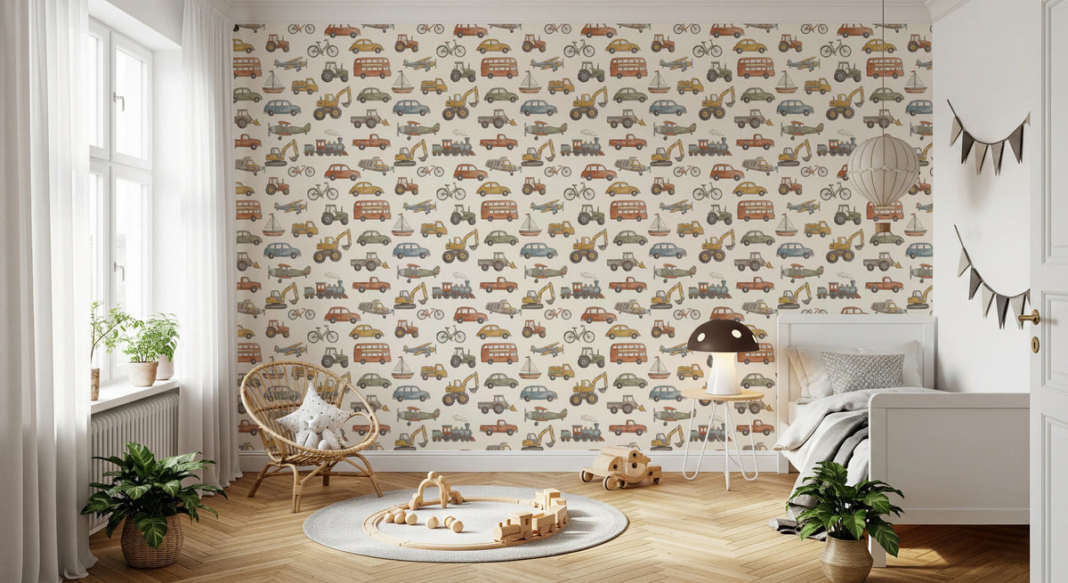 Vintage transport wallpaper styled across a kids bedroom