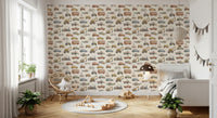 Vintage transport wallpaper styled across a kids bedroom