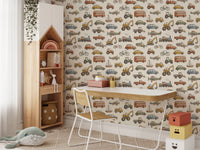 Steam trains, dump trucks, and excavators on muted watercolor wallpaper