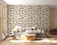 Watercolor vehicles wallpaper on a cozy living room wall