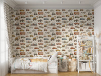 Repeating watercolor pattern of trucks, excavators, and trains on cream wallpaper