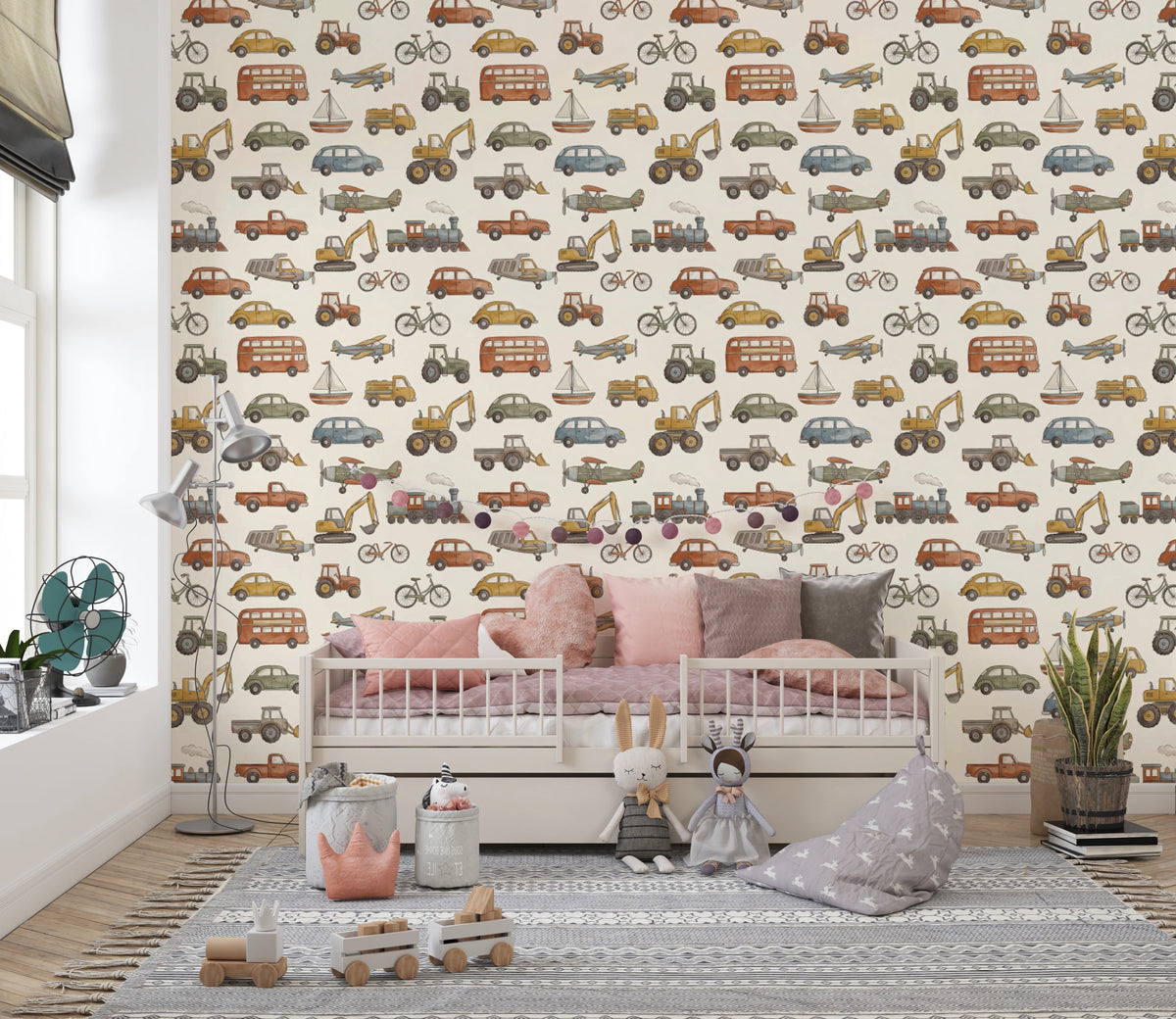 Mustard, rust red, sage green, and dusty blue vehicles on watercolor wallpaper