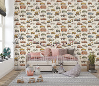 Mustard, rust red, sage green, and dusty blue vehicles on watercolor wallpaper