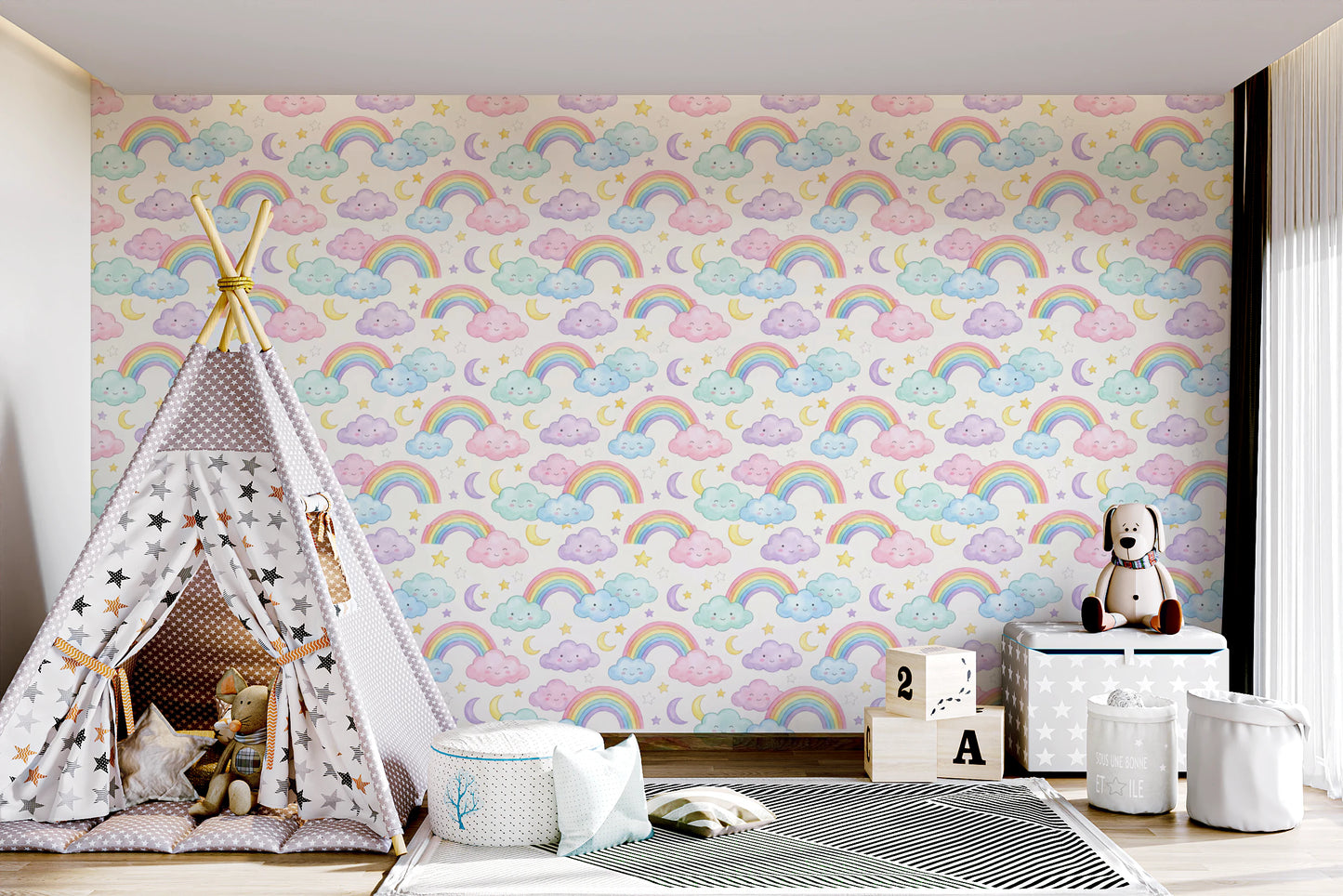 Pastel Rainbow and Sleepy Clouds Nursery Wallpaper Wallpaper⁠