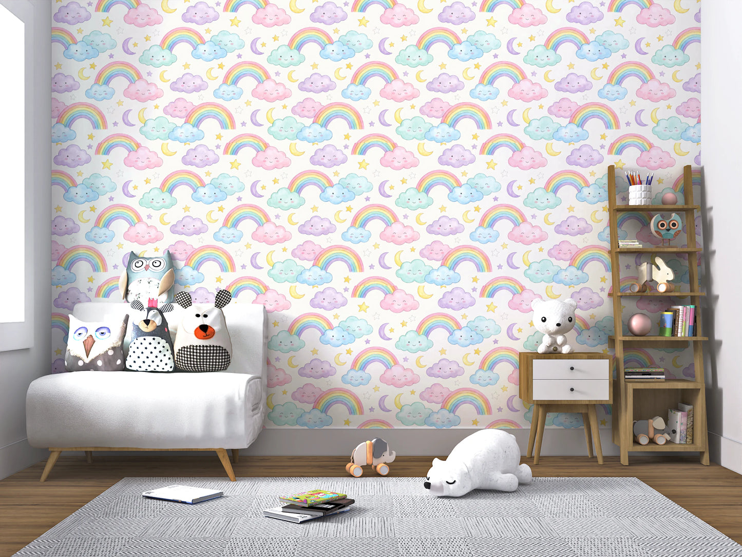 Pastel Rainbow and Sleepy Clouds Nursery Wallpaper Wallpaper⁠