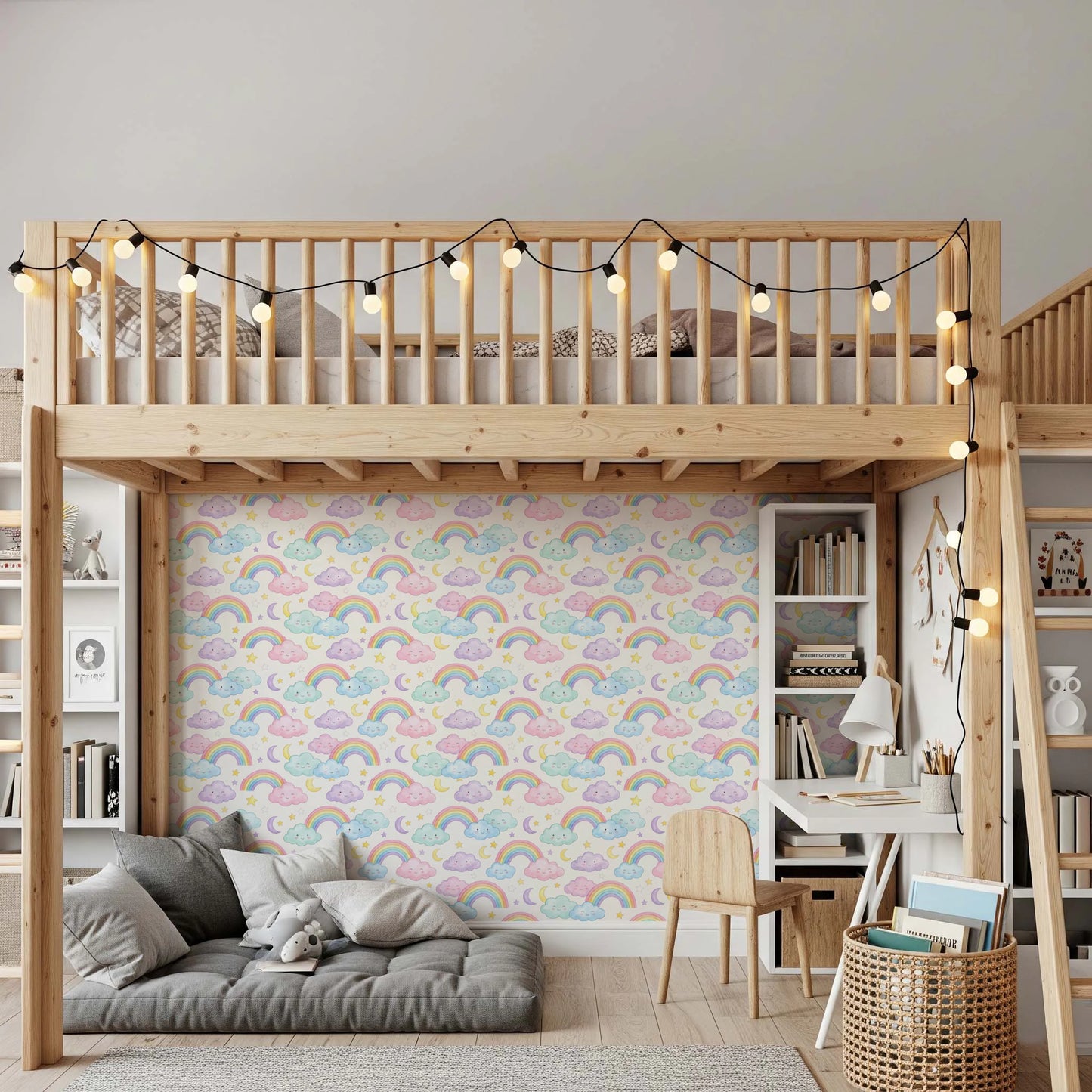 Pastel Rainbow and Sleepy Clouds Nursery Wallpaper Wallpaper⁠