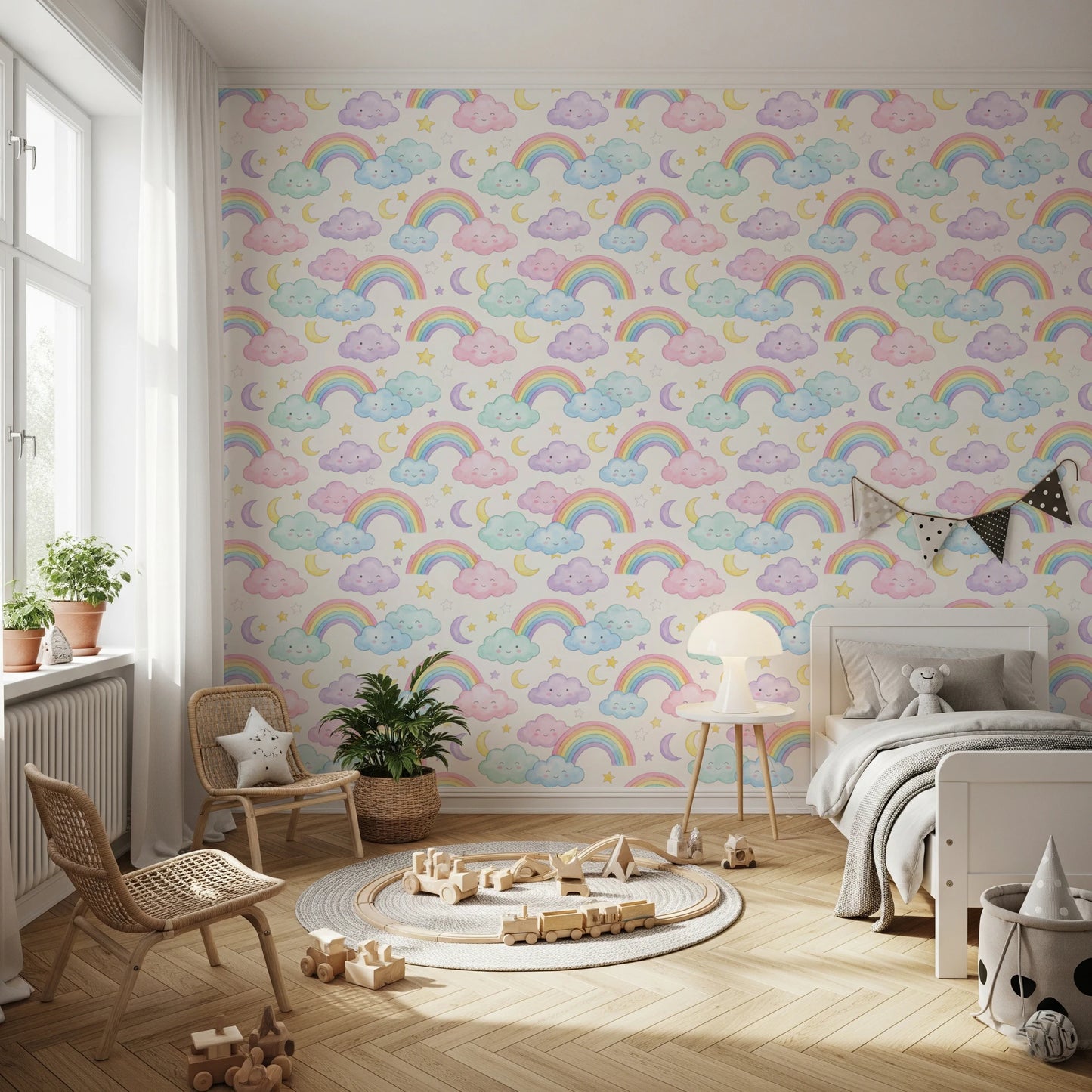 Pastel Rainbow and Sleepy Clouds Nursery Wallpaper Wallpaper⁠
