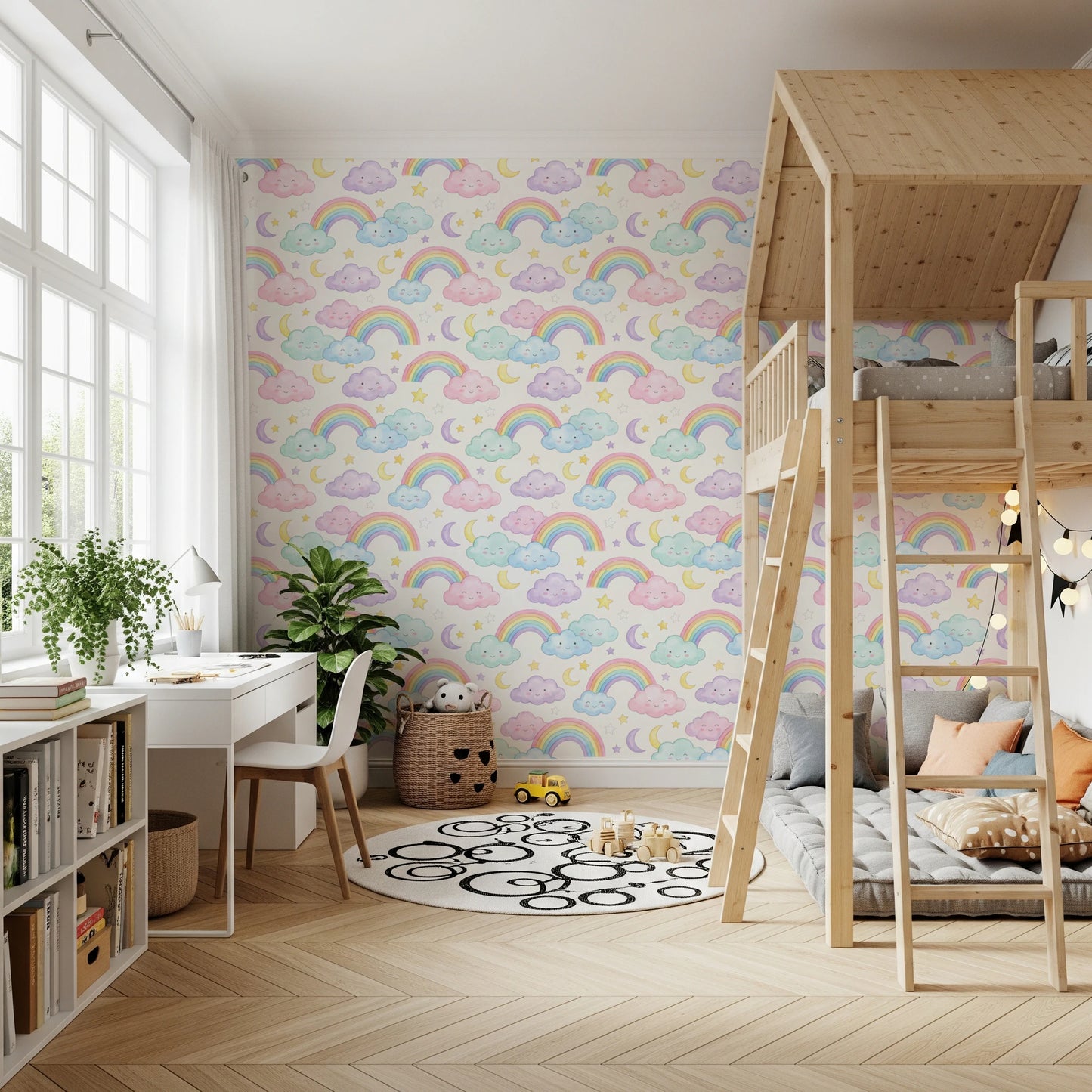 Pastel Rainbow and Sleepy Clouds Nursery Wallpaper Wallpaper⁠