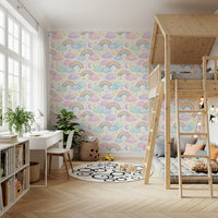 Pastel Rainbow and Sleepy Clouds Nursery Wallpaper Wallpaper⁠