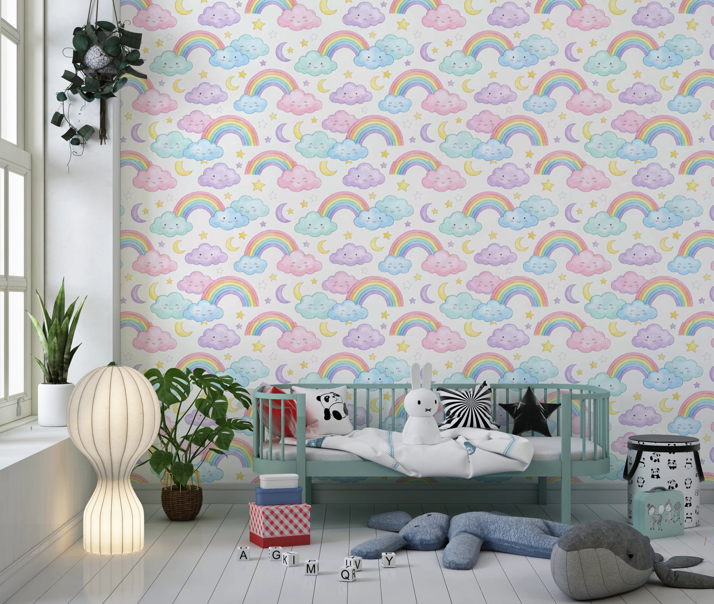 Pastel Rainbow and Sleepy Clouds Nursery Wallpaper Wallpaper⁠