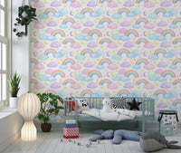 Pastel Rainbow and Sleepy Clouds Nursery Wallpaper Wallpaper⁠
