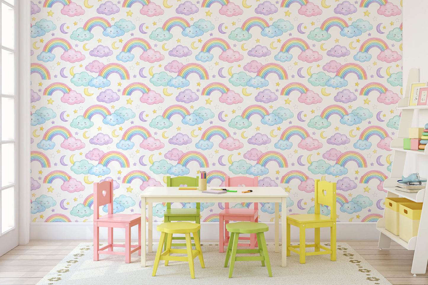 Pastel Rainbow and Sleepy Clouds Nursery Wallpaper Wallpaper⁠