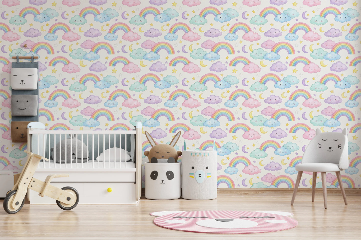Pastel Rainbow and Sleepy Clouds Nursery Wallpaper Wallpaper⁠