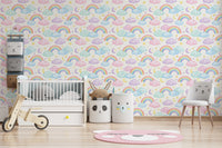Pastel Rainbow and Sleepy Clouds Nursery Wallpaper Wallpaper⁠