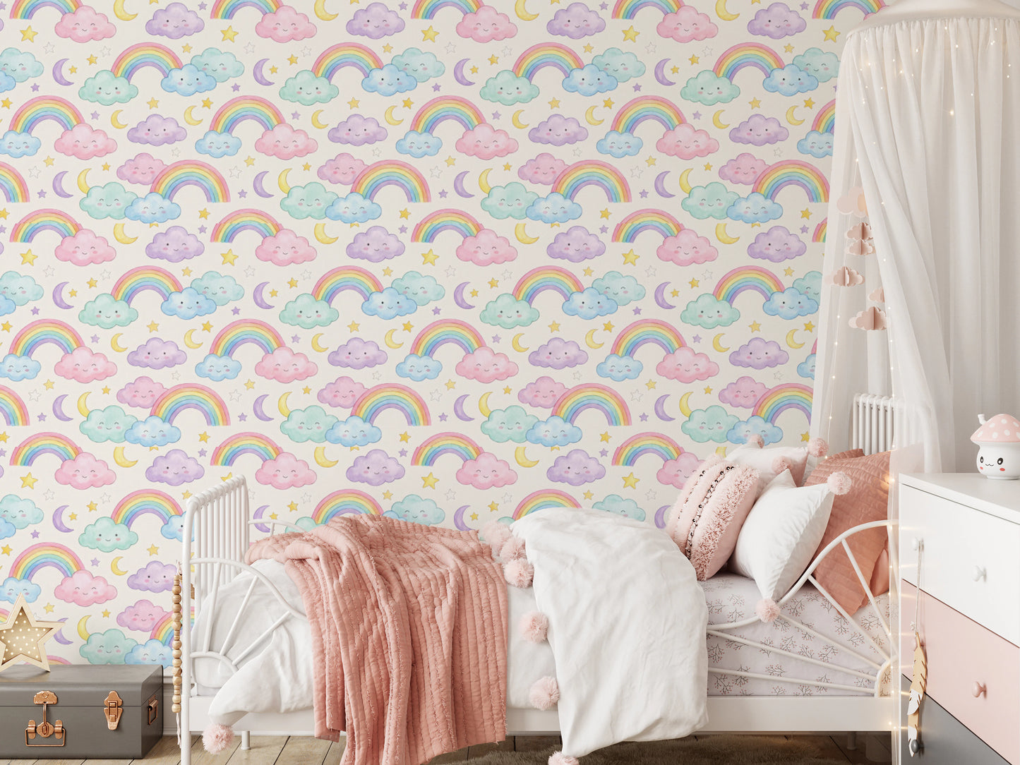 Pastel Rainbow and Sleepy Clouds Nursery Wallpaper Wallpaper⁠