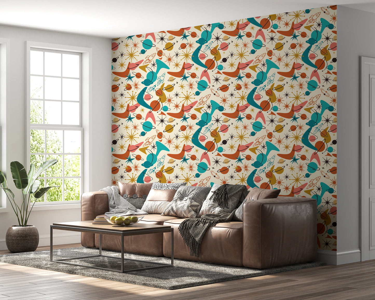 Whimsical Retro Space Age Pattern for Kids Wallpaper⁠