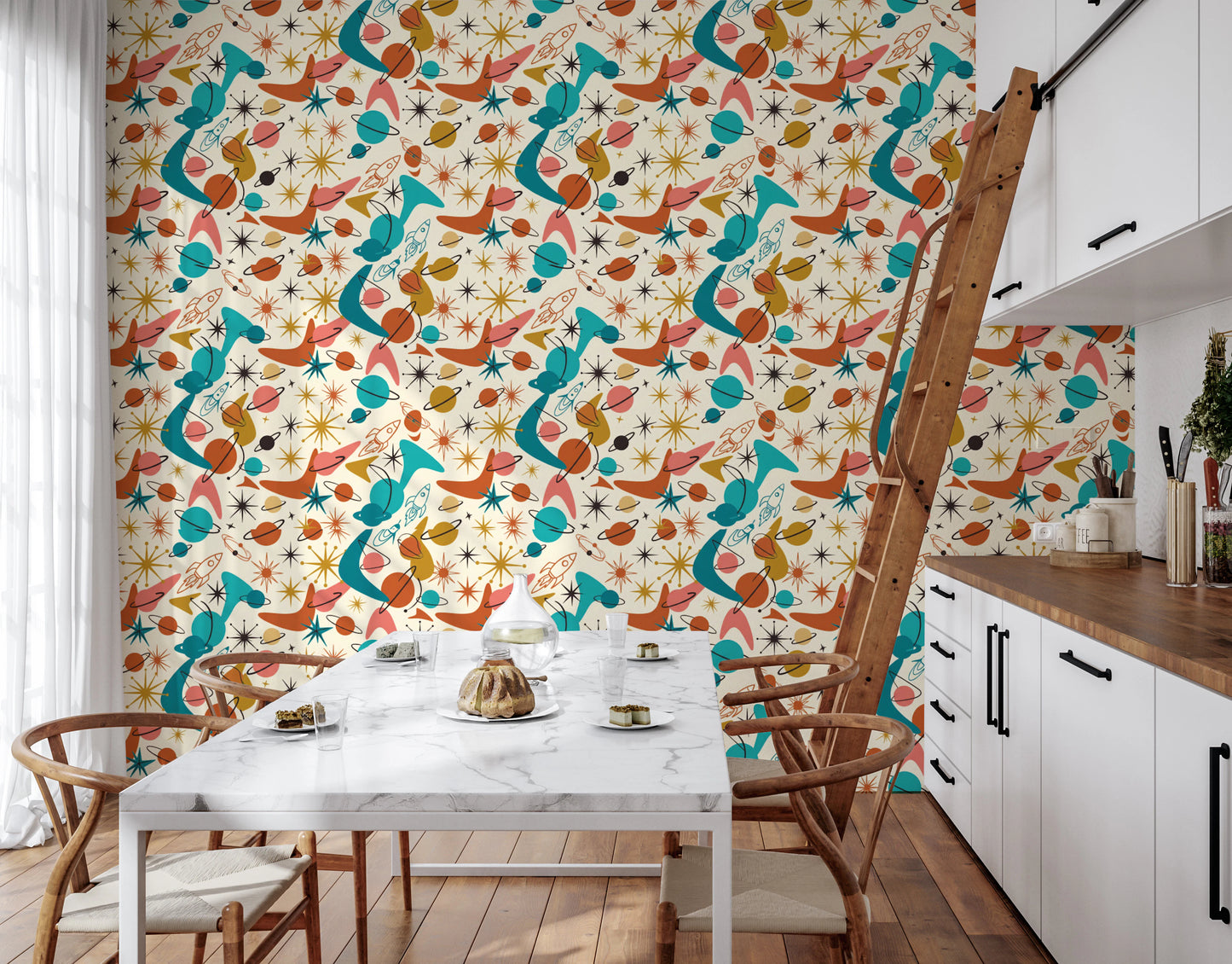 Whimsical Retro Space Age Pattern for Kids Wallpaper⁠