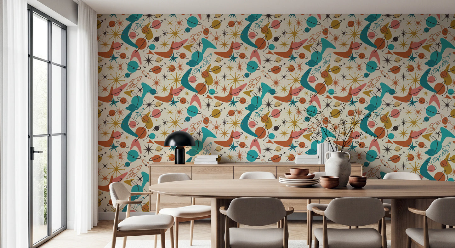 Whimsical Retro Space Age Pattern for Kids Wallpaper⁠